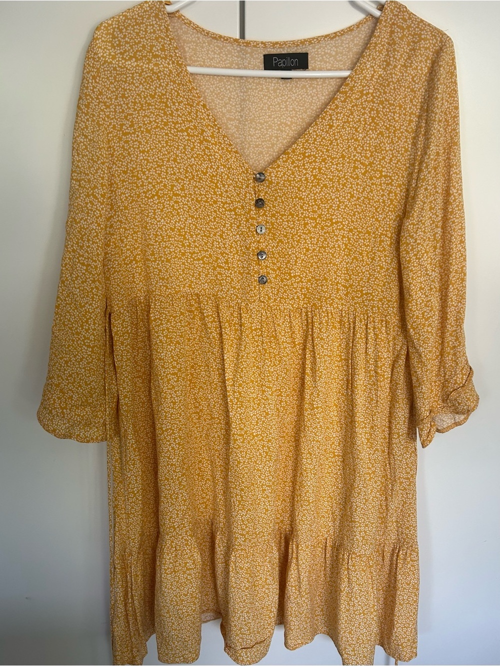 Papillon Women’s Boho Tiered Ruffle Sleeve Mini Dress in Mustard Yellow. Size M